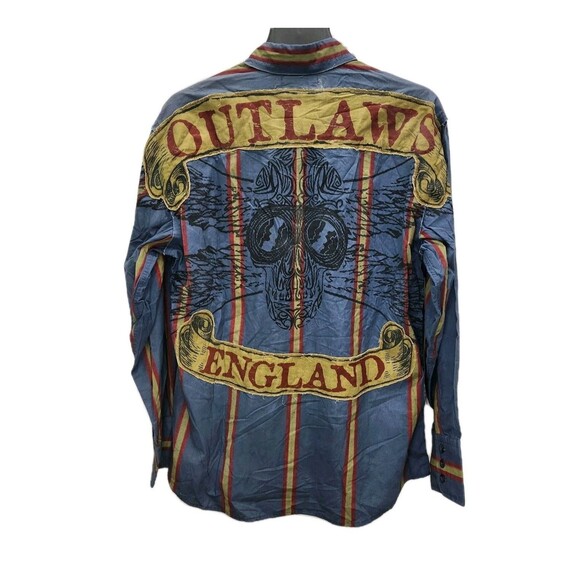 Project Red Outlaws England Shirt Mens XL Blue Striped Distressed Motorcycle - Picture 3 of 14